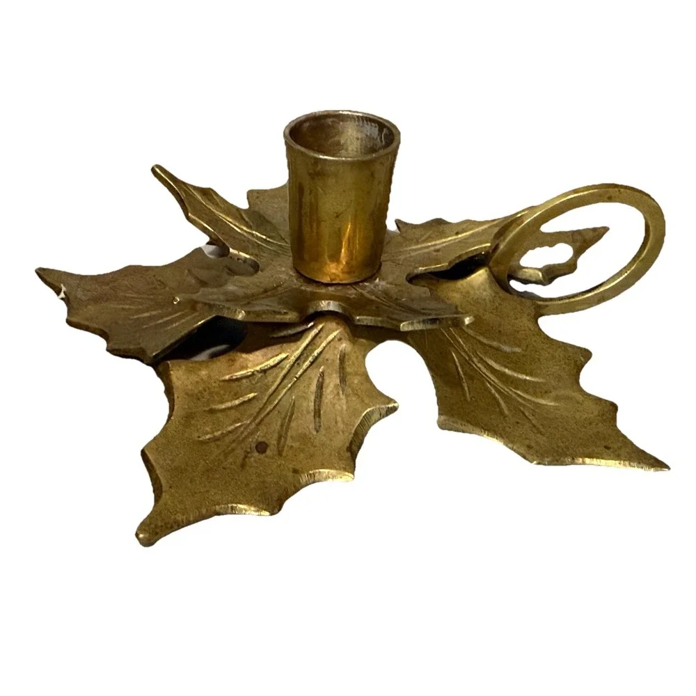 Vintage Solid Brass Holly Leaf Candlestick Holder Ring Handle Christmas‎ MCM